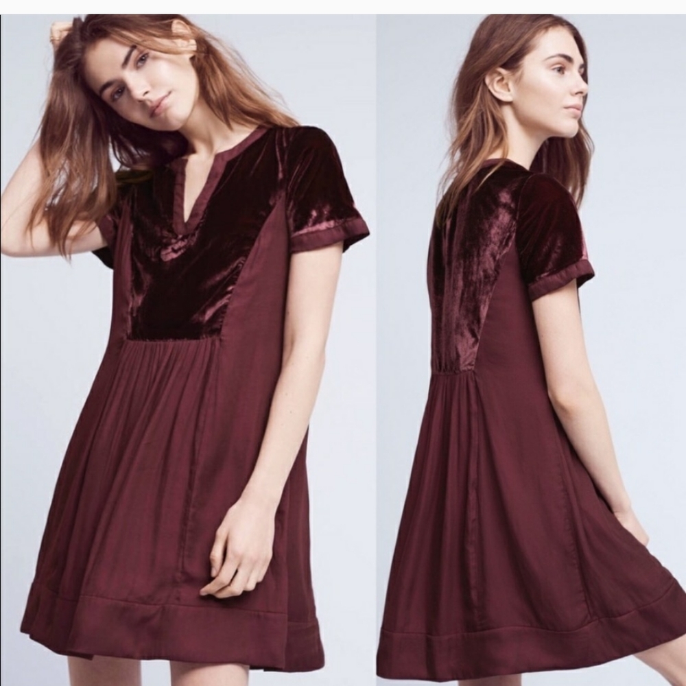 Maeve burgundy velvet trim short sleeve dress L